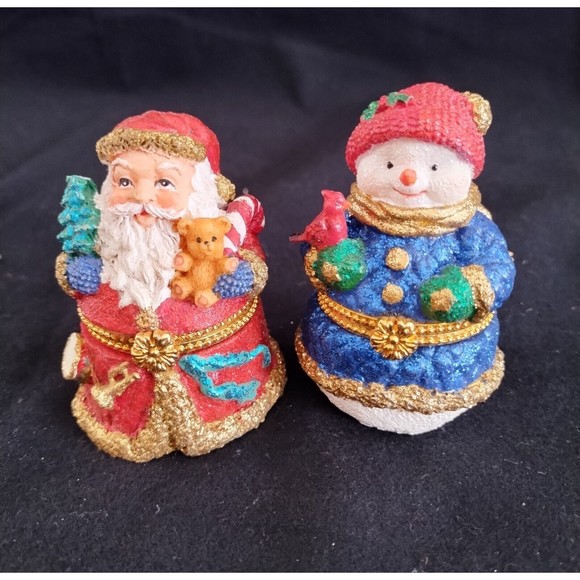 Pair Glittery Enamel Christmas Trinket Box with Clasp Santa Snowman W/Cardinal - Picture 2 of 9